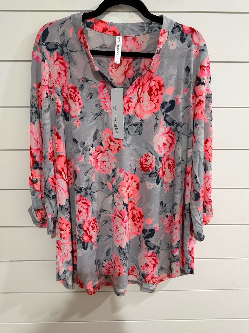 Dear Scarlett Gray Tunic with Bright Pink Rose Print